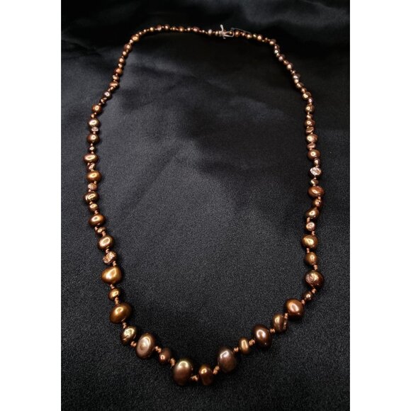 CGI Freshwater Pearls Brown Long Necklace With Organic Irregular Beads & Secure - Picture 1 of 5